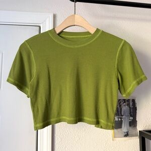 PHLEMUNS green rib ribbed knit cotton cutout back cropped boxy stretchy top tee
